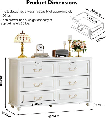 Chrangmay Modern Chest of Drawers with 6 Drawers,Deep Drawers,Clothes Organizer,Large Storage Cabinet for Living Room, Bedroom,Hallway,with Anti-Tipping Device,White