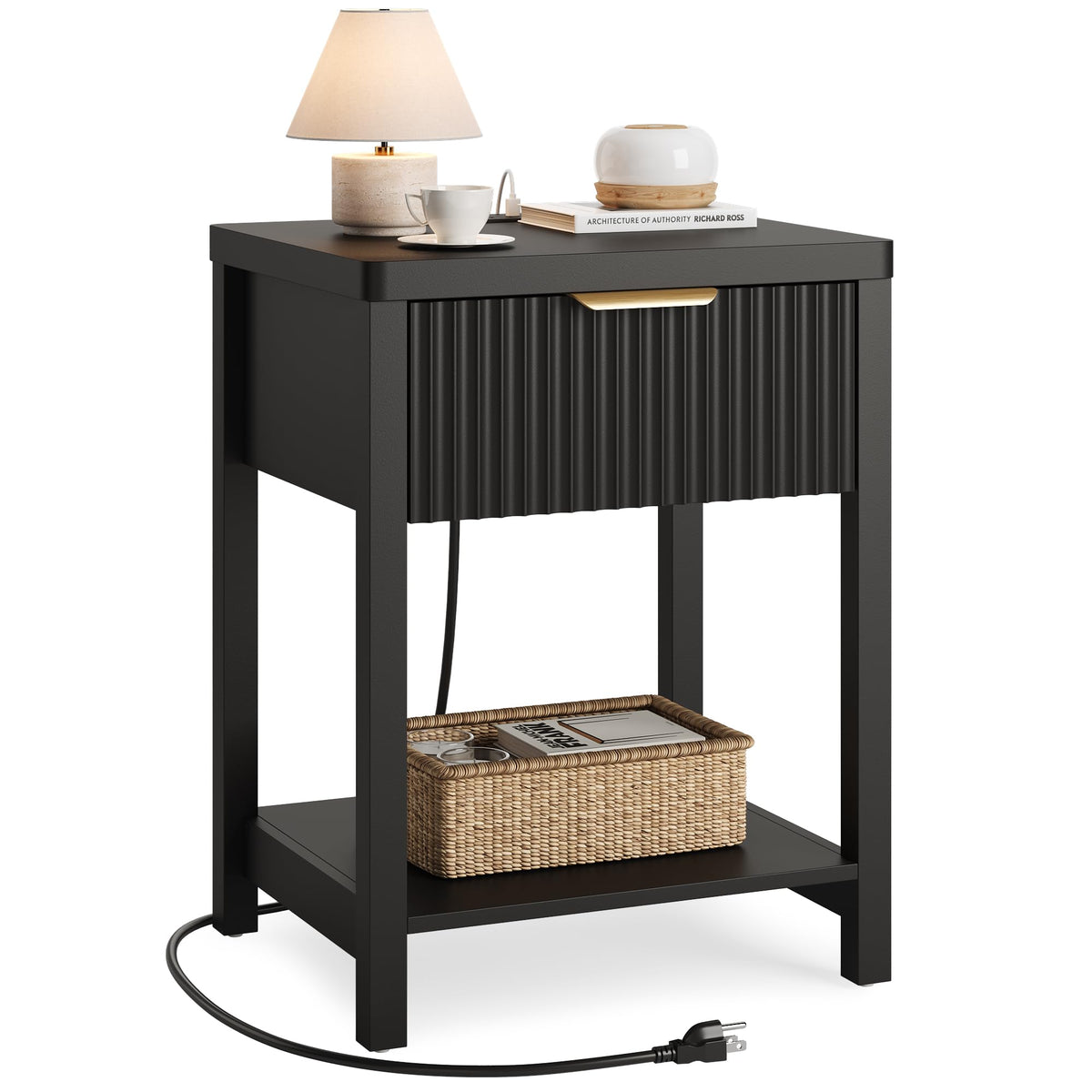 Night Stand Set 2, Fluted Wood Nightstands w/Charging Station for Bedroom