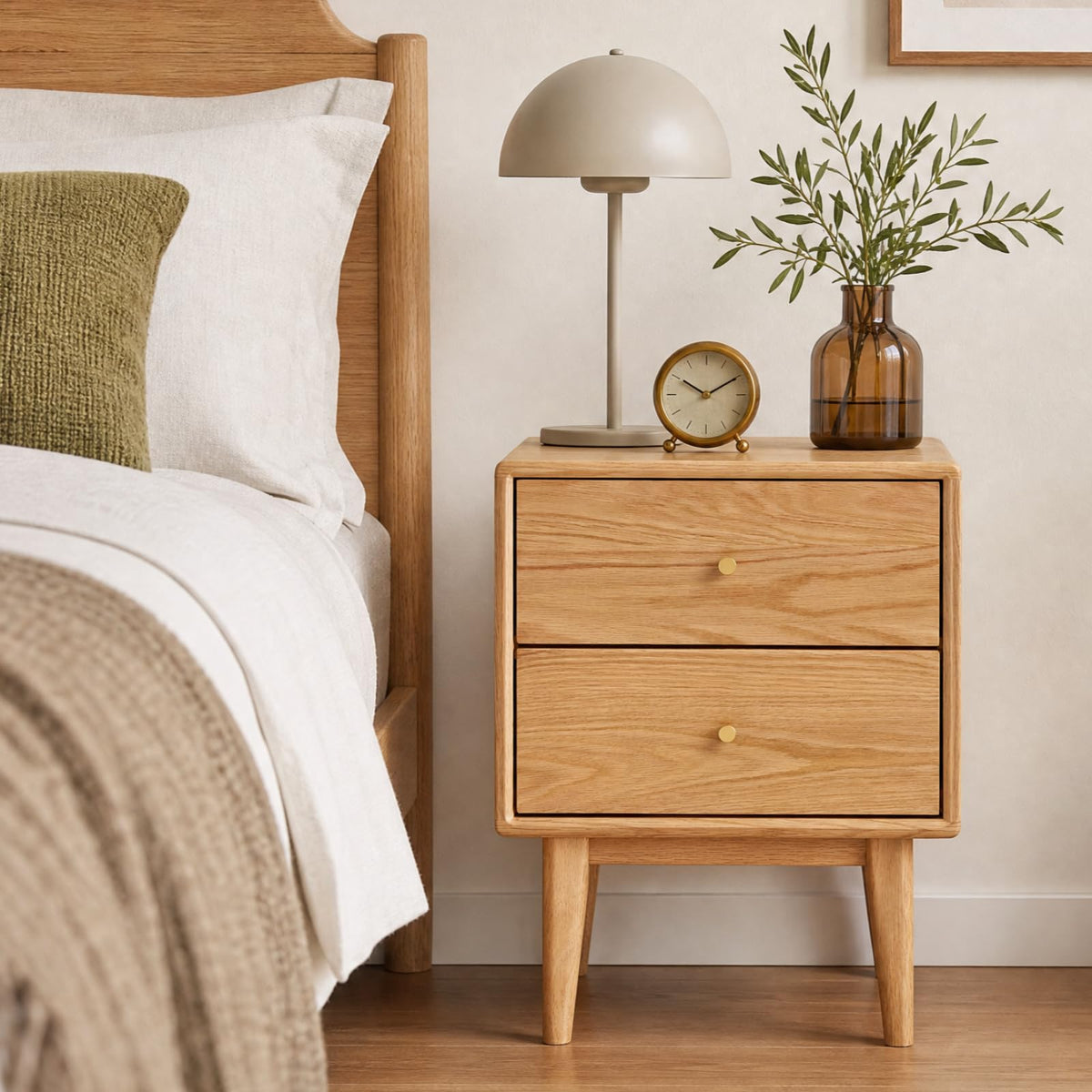 Solid Oak Wood Nightstand Set of 2, Natural Wood Nightstand with 2 Drawers, Mid Century Modern Night Stand, Wood Bedside Table Set of 2, Small Night Stand for Bedroom(19.69" H)