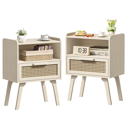 Lerliuo Rattan Nightstand, Boho Side Table with Drawer Open Shelf