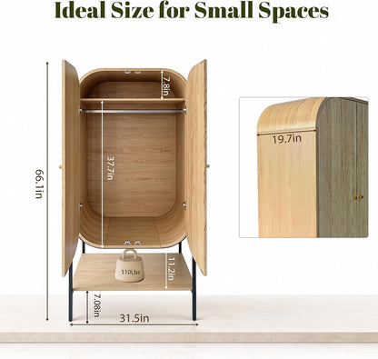 Arched Armoire Wardrobe Closet, Modern Wood Bedroom Clothing Storage Cabinet with Fluted Doors, 66" Tall Standing Closet with Hanging Rod, Natural