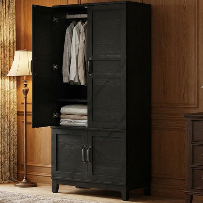 IDEALHOUSE Armoire Wardrobe Closet with 4 Doors, 72" Tall Wooden Clothing Wardrobe with Hanging Rod & DIY Adjustable Shelf, Heavy Duty Bedroom Armoire Storage Cabinet, Rustic Black