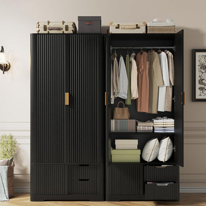 Vabches 71” Tall Armoire Wardrobe Closet with 2 Drawers and Shelves, Large Wooden Wardrobe Cabinet with Hanging Rod, Sliding Cabinet, Modern Fluted Clothing Storage Cabinet for Bedroom, Black