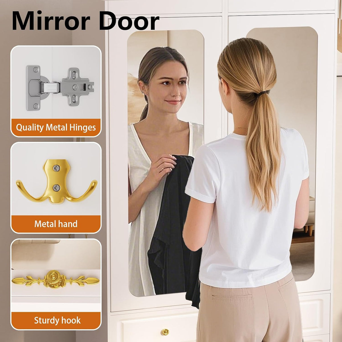 Armoire Wardrobe Closet, White Bedroom Armoires Cabinet with Mirror Door and 6 Drawers, 15.7" W/69.5" H Clothing Storage Cabinet with Hanging Rod & Sensor Light for Bedroom-Left+Right