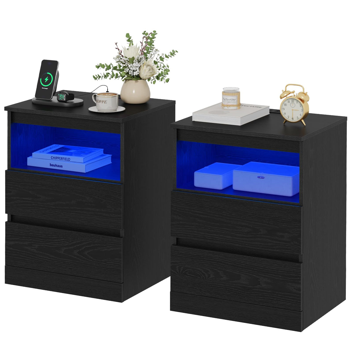 Nightstands Set of 2 with Charging Station, LED Lights and Drawer, Black