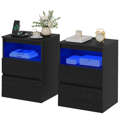 Nightstands Set of 2 with Charging Station, LED Lights and Drawer, Black
