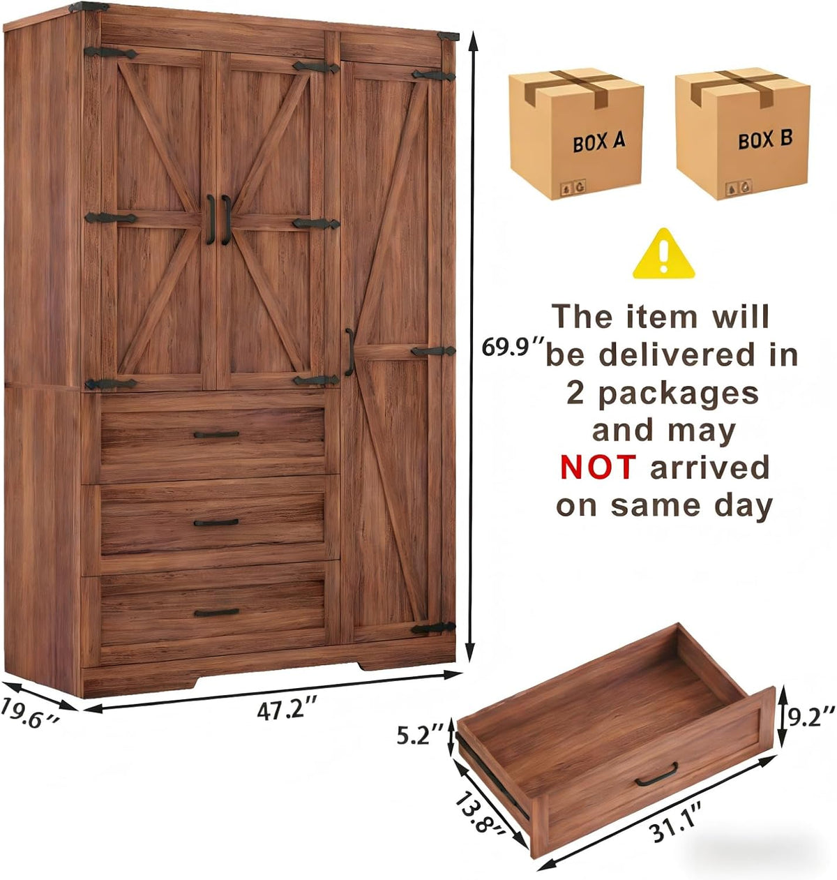 Farmhouse Wooden Armoire Storage Cabinet with Adjustable Shelves & Hanging Rod, 3 Doors Wardrobe Armoire Closet with Drawers, 70" Freestanding Clothing Storage Cabinet for Bedroom, Brown