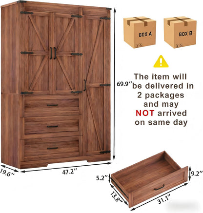 Farmhouse Wooden Armoire Storage Cabinet with Adjustable Shelves & Hanging Rod, 3 Doors Wardrobe Armoire Closet with Drawers, 70" Freestanding Clothing Storage Cabinet for Bedroom, Brown