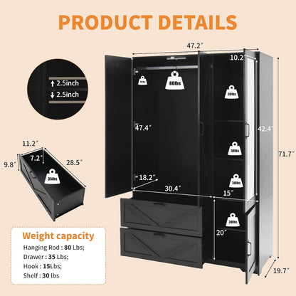 Black 3 Door Wardrobe Closet with Mirror, Bedroom Armoire Wardrobe Closet with Lights, 2 Drawers, Hanging Rod and Cabinet, Large Clothes Storage Organizer, 47.2 x 19.68 x 71.65 in