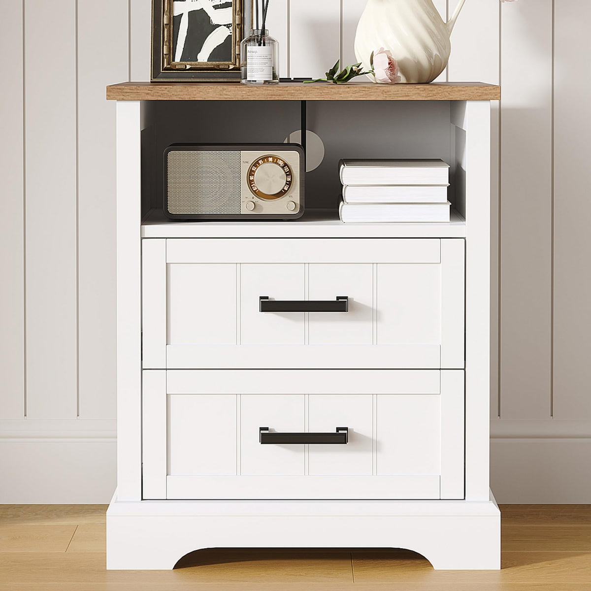 ChooChoo Farmhouse Night Stands with Charging Station Set of 2, 2 Drawers