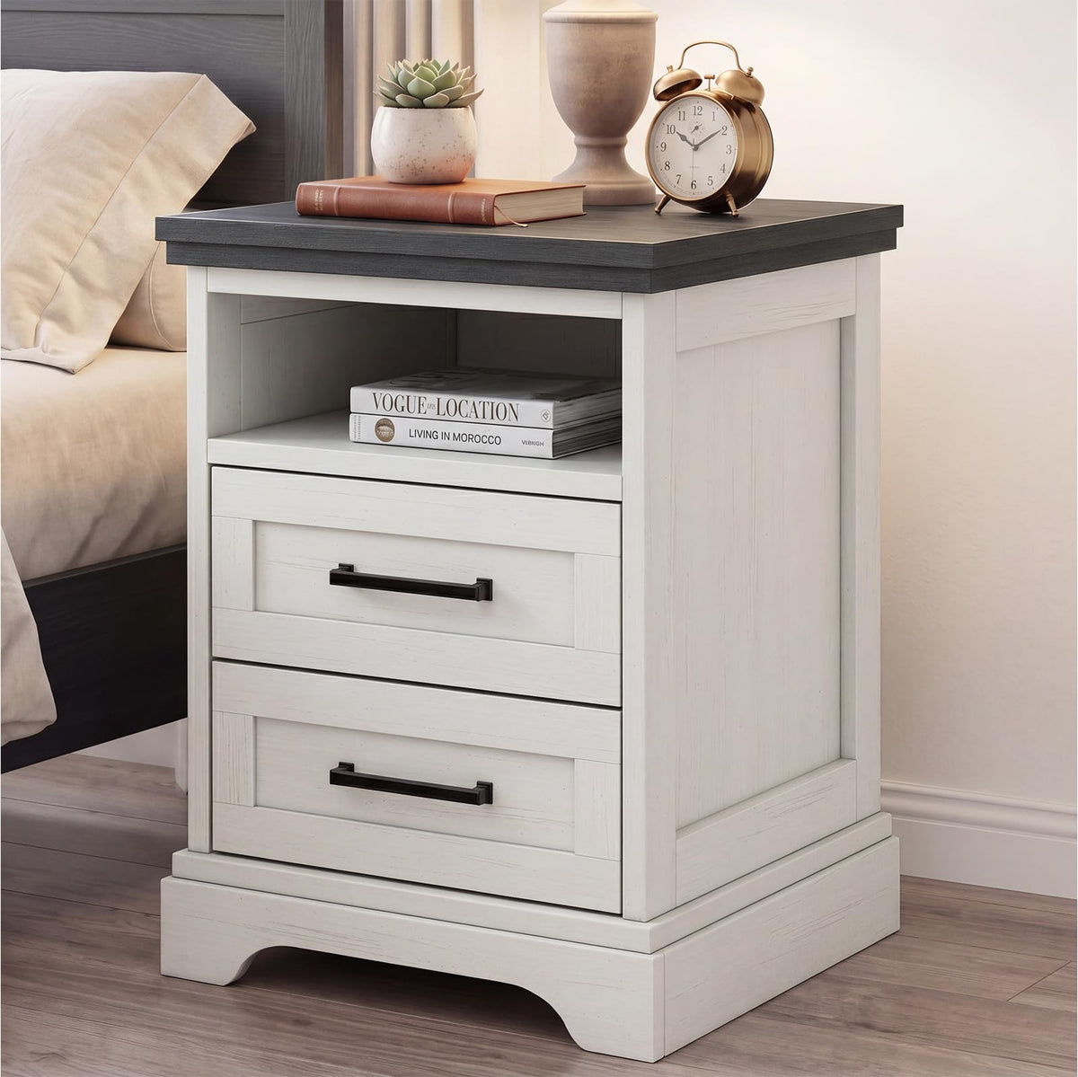 DUMOS Farmhouse Nightstand with Charging Station & USB Ports