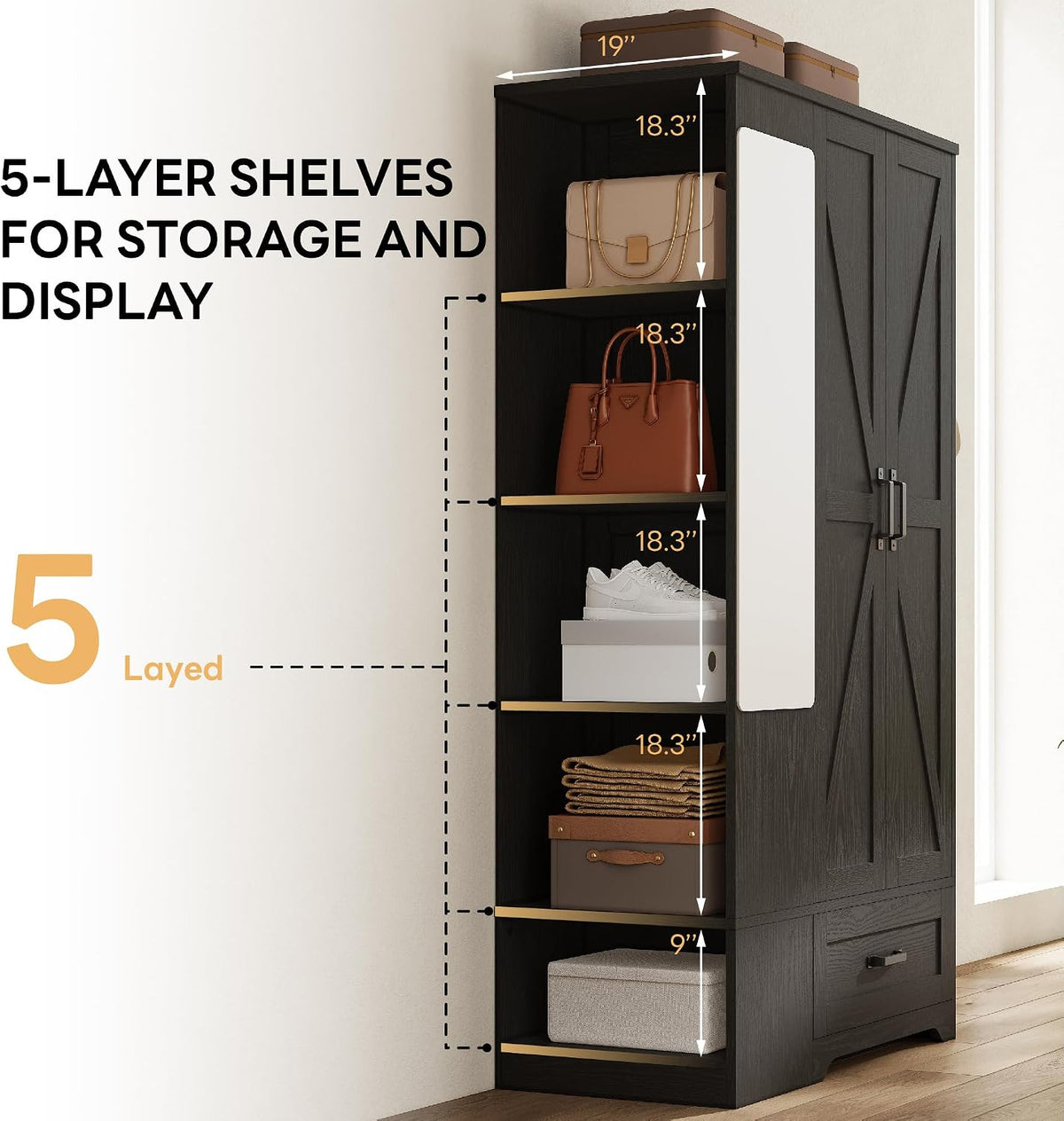 LIKIMIO Armoire Wardrobe Closet 70 Inches, Large Storage with Mirror, 2 Doors, Drawer, and Shelves, Modern Bedroom Freestanding Wooden Wardrobe Combination with Hanging Rail, Black