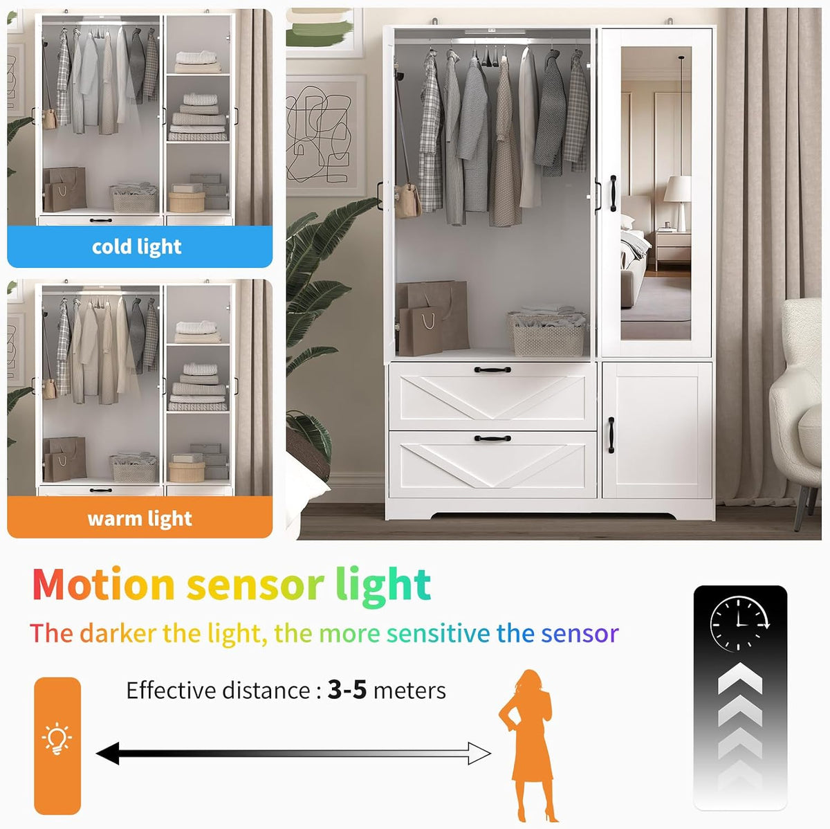 72'' Armoire Wardrobe Closet with Mirror Door & Light, Farmhouse Bedroom Clothes Cabinet with 4 Doorrs + Hanging Rod + 2 Drawers, Wooden Wardrobe Cabinet with Adjustable Shelf for Bedroom
