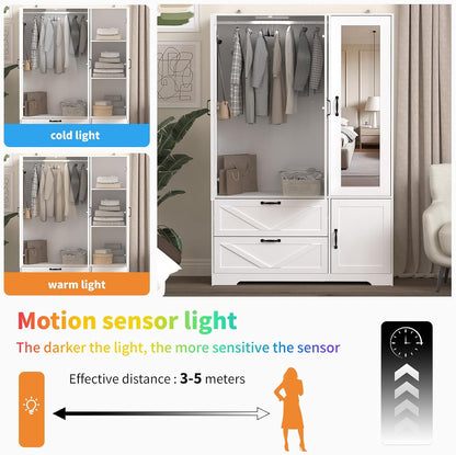 72'' Armoire Wardrobe Closet with Mirror Door & Light, Farmhouse Bedroom Clothes Cabinet with 4 Doorrs + Hanging Rod + 2 Drawers, Wooden Wardrobe Cabinet with Adjustable Shelf for Bedroom