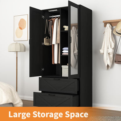 72" Armoire Wardrobe Closet with Mirror Door and LED Lights,Farmhouse Bedroom Armoire with Drawers and Adjustable Shelves,Wooden Armoire Wardrobe Closet with Hanging Rod for Bedroom(Black)