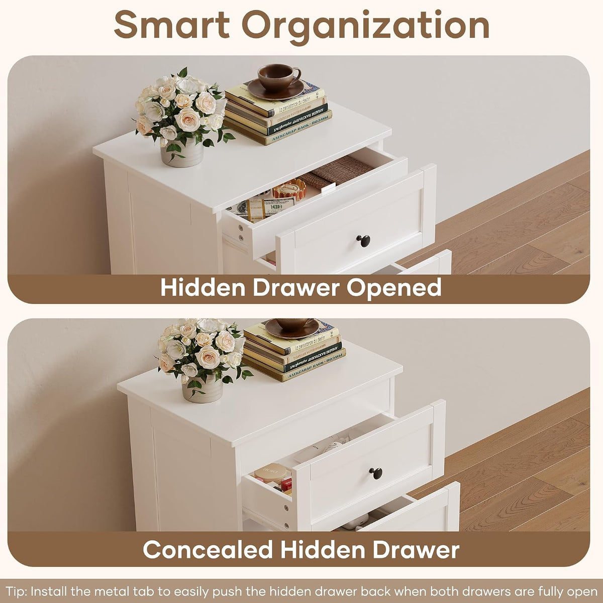 wanan Nightstands Set of 2 with Hidden Drawer, White