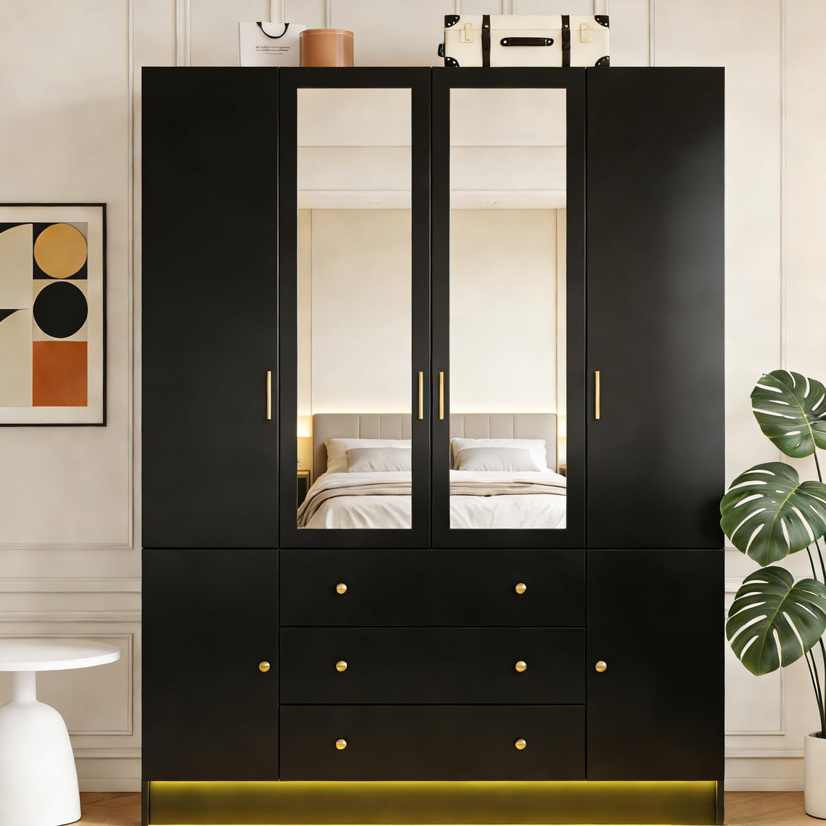 3 Doors Mirrored Wardrobe Armoire Closet with Drawers, LED Armoire Storage Cabinet with Adjustable Shelves & Hanging Rod, 74.8" H Freestanding Clothing Storage Cabinet for Bedroom, Black