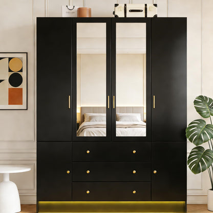 3 Doors Mirrored Wardrobe Armoire Closet with Drawers, LED Armoire Storage Cabinet with Adjustable Shelves & Hanging Rod, 74.8" H Freestanding Clothing Storage Cabinet for Bedroom, Black