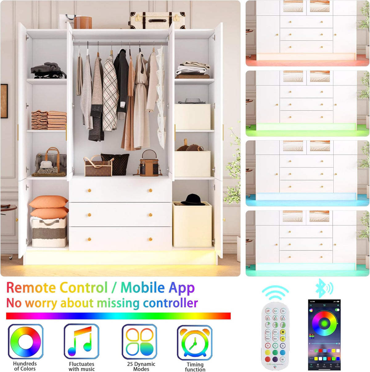 4 Doors LED Wardrobe Closet, 75" Tall Modern Armoire with Mirror & 3 Drawers, Wooden Armoire Wardrobe Closet for Bedroom, Hanging Rod, Freestanding Clothing Storage Cabinet, White