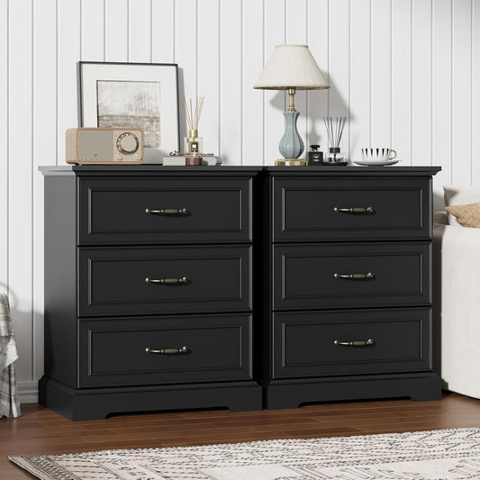 Black Nightstand Set of 2,24" Wide End Table with 3 Large Drawers & Metal Handles,Rustic Farmhouse Wood Small Dresser,Bedside Table,Modern Chest of Drawers for Bedroom,Living Room