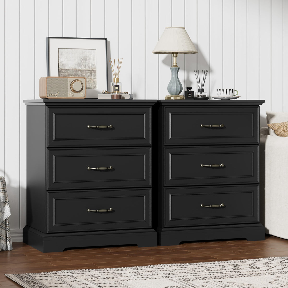 Black Nightstand Set of 2,24" Wide End Table with 3 Large Drawers & Metal Handles,Rustic Farmhouse Wood Small Dresser,Bedside Table,Modern Chest of Drawers for Bedroom,Living Room