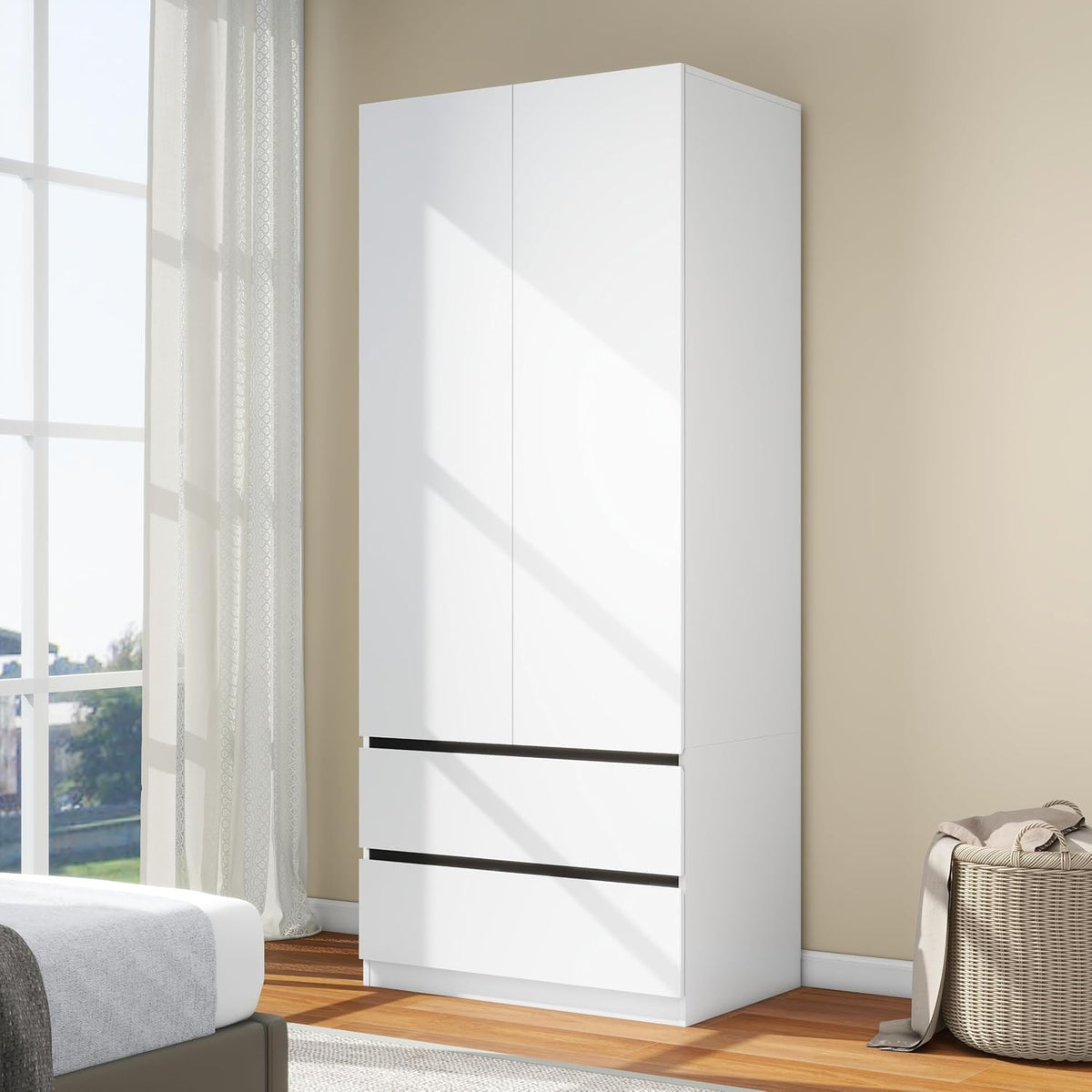 White Armoire Wardrobe Closet with 2 Drawers: 75" H x 31.5" W