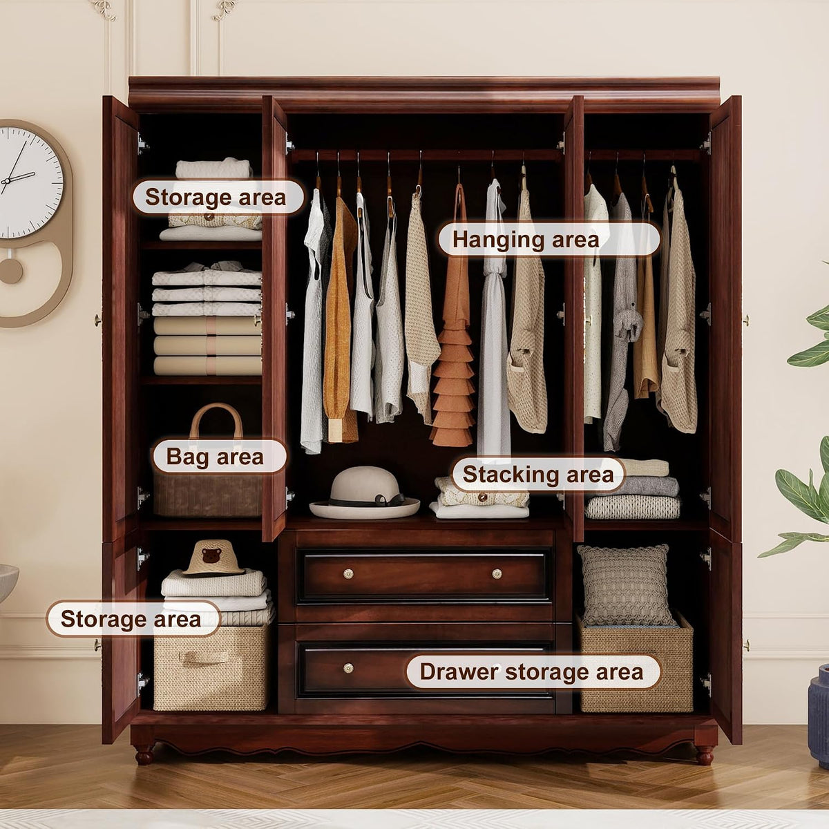 Solid Wood Armoire Wardrobe Closet, Cherry Finish Bedroom Storage