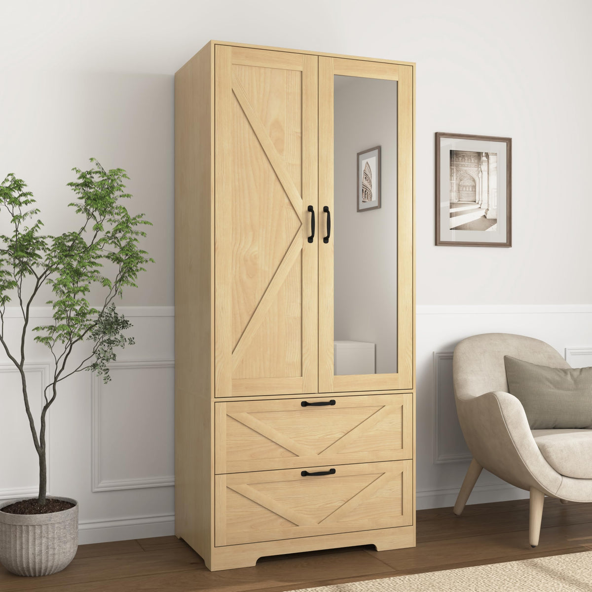 72'' Armoire Wardrobe Closet with Mirror Door & Light, Farmhouse Bedroom Clothes Cabinet with 4 Doorrs + Hanging Rod + 2 Drawers, Wooden Wardrobe Cabinet with Adjustable Shelf for Bedroom