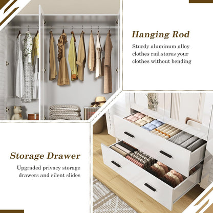 jiteentarou 4 Door Armoire Wardrobe Closet Cabinet with Drawers and LED Lights, Multi-Tier Shelves, Hanging Rod & 4 Louver Doors, Large Capacity Storage Wardrobe Armoire for Bedroom(4 Doors White)