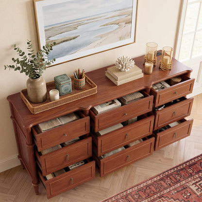 STO'SENSE 63" 9-Drawer Dresser with Power Outlet, Architectural Wood Storage Chest with Framed Drawers, Vintage Metal Pulls and Solid Wood Tapered Legs, Long Bedroom Dresser TV Stand,Brown