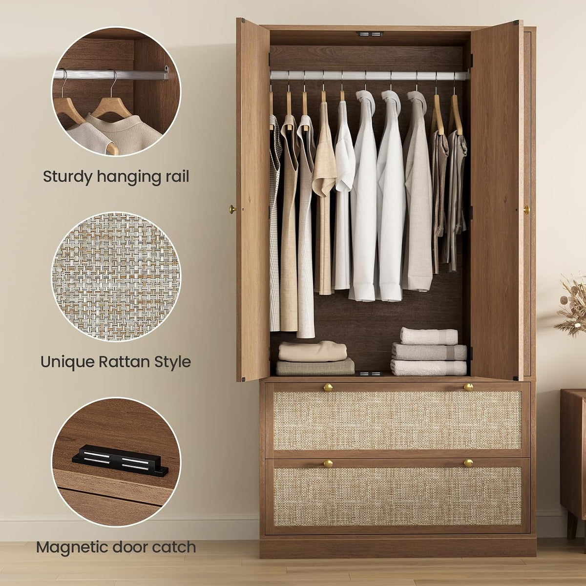 Rattan Wooden Armoire Wardrobe Closet with Pull-Out Side Storage
