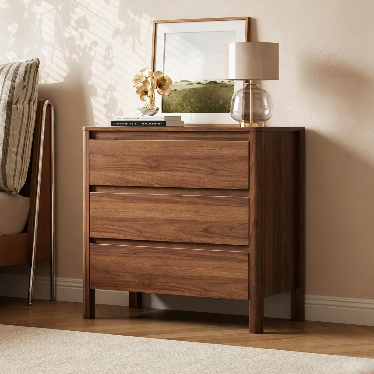 Furniway Set of 2 Modern Curved Nightstand with 2 Drawers, Push-to-Open Wooden Bedside Table, Minimalist End Table for Bedroom, Black