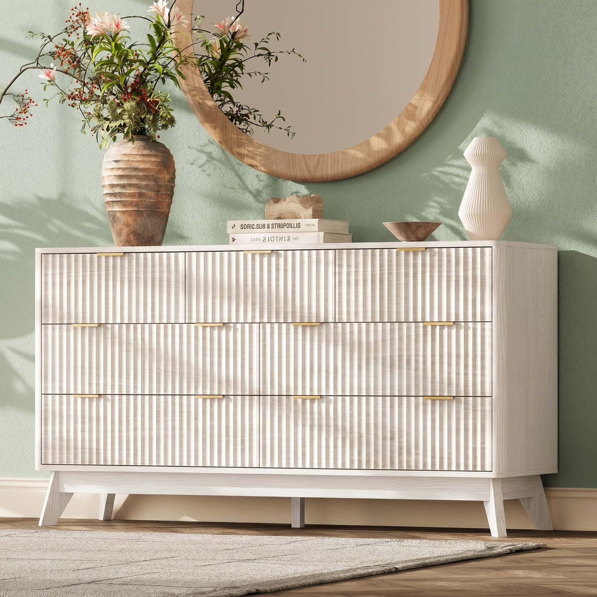63" Wide Fluted 9 Drawers Dresser for Bedroom,Curved Edge,Oak