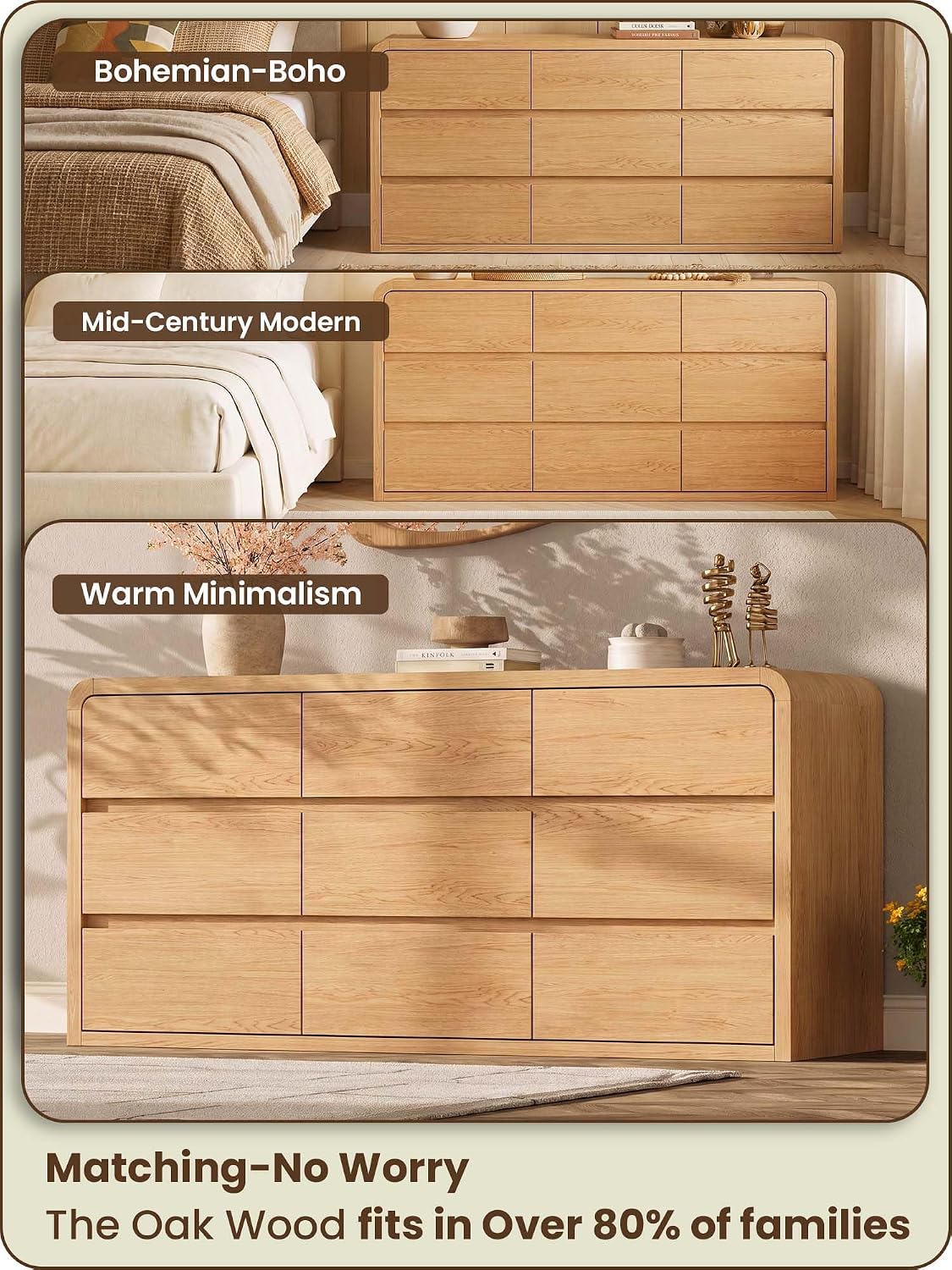 Modern 63" Wide 9 Drawers Dresser with Curved Profile Design,Oak