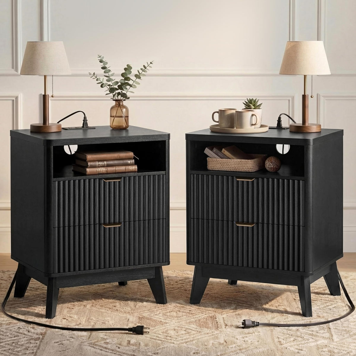 LYNCOHOME Fluted Nightstand with Charging Station, 19.7 inch Wide End Table with 2 Drawers, Modern Wood Bedside Table for Bedroom,Brown,1 Pcs
