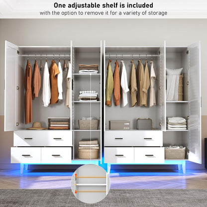 Hlivelood 3 Door Armoire Wardrobe Closet Cabinet with Drawers and LED Lights, Multi-Tier Shelves, Hanging Rod & 3 Louver Doors, Large Capacity Storage Wardrobe Armoire for Bedroom, White