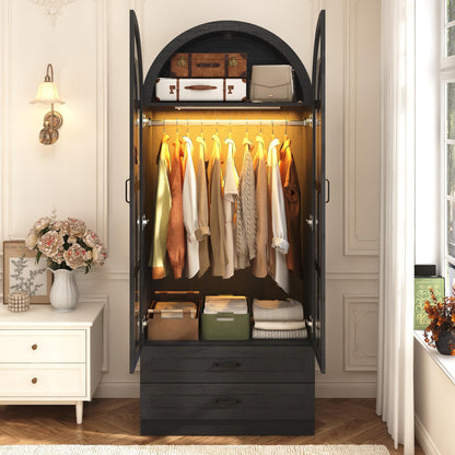 Squireewo 75" Arched Armoire Wardrobe Closet with Motion Sensor LED Light, 4 Windowpane Glass Doors and 4 Drawers, Large Wood Bedroom Storage Cabinet, Clothing Organizer with Anti-Tip Kit, Black