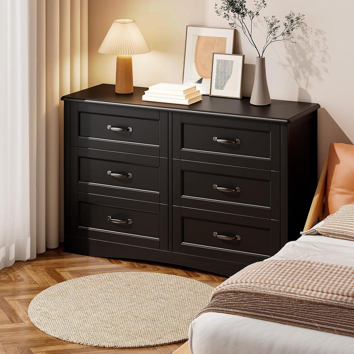 Gizoon 47" 6 Drawer Dresser, Black Wide Chest of Drawers for Bedroom