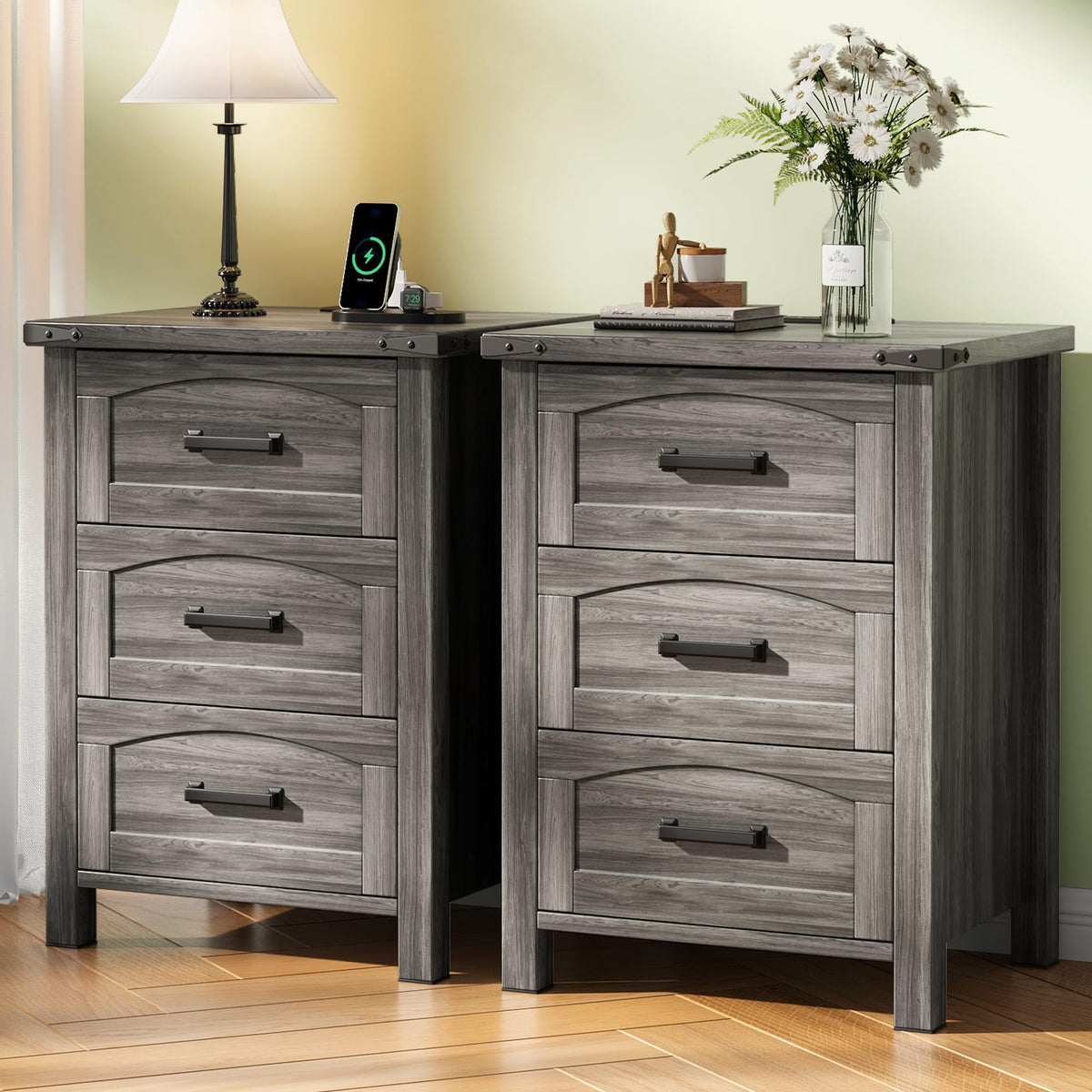 Decofy Farmhouse Nightstand Set of 2 with Charging Station, 2 Drawers