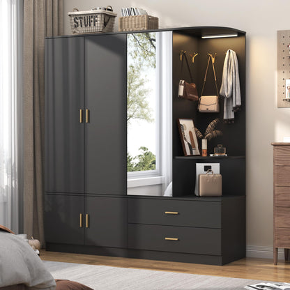 XVD Armoire Wardrobe Closet with Mirror & Sensor Light, Bedroom Armoire with 5 Doors & 2 Drawers, Modern Wooden Large Wardrobe Closet with Shelves, 4 Metal Hooks, 2 Hanging Roods, Open Space, White