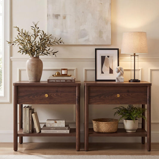 VividVibe End Table with Drawer, Brown Walnut Nightstands Set 2 Bedside Table Large Side Table Bedroom Solid Wood Legs, Mid Century Modern Accent Night Stand