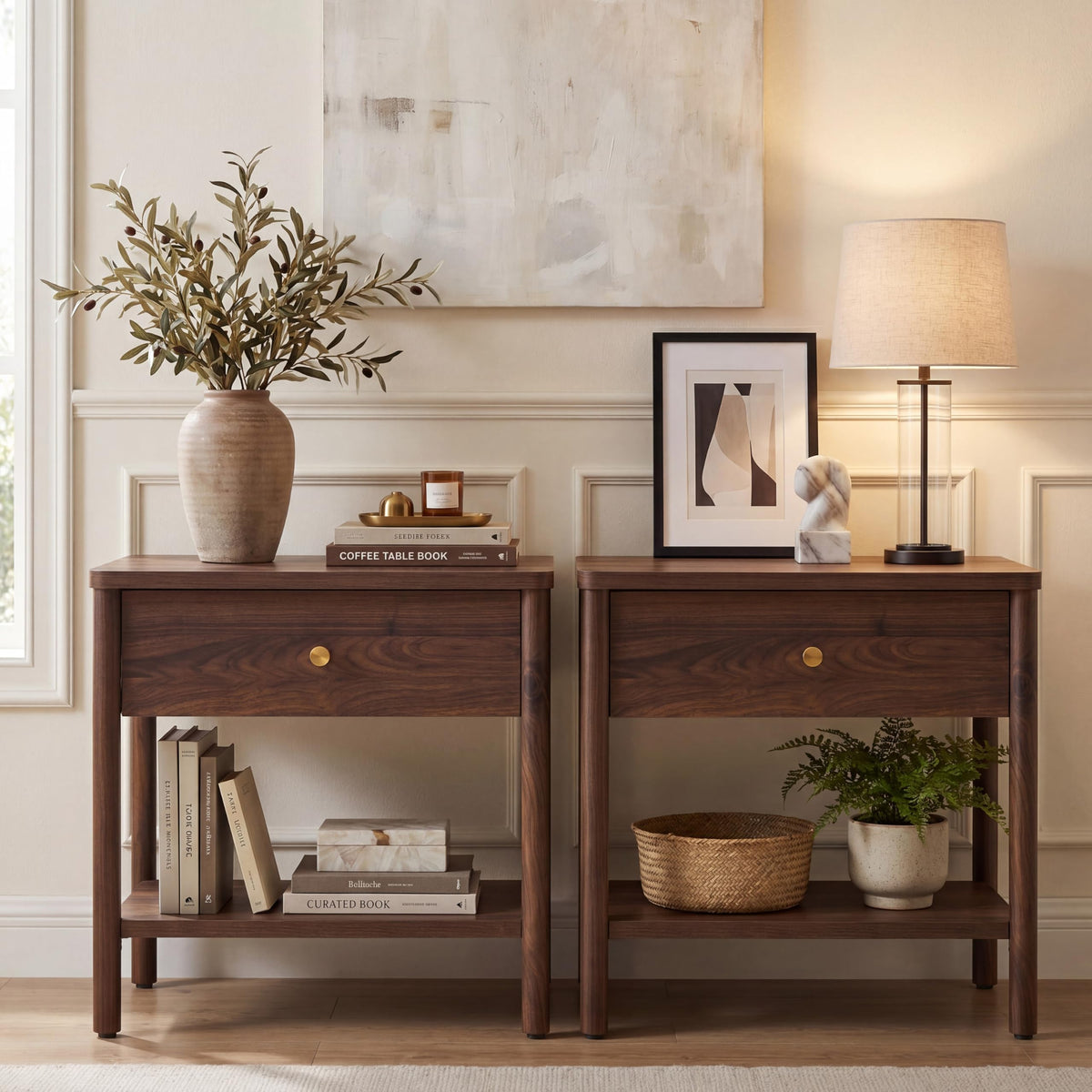 VividVibe End Table with Drawer, Brown Walnut Nightstands Set 2 Bedside Table Large Side Table Bedroom Solid Wood Legs, Mid Century Modern Accent Night Stand