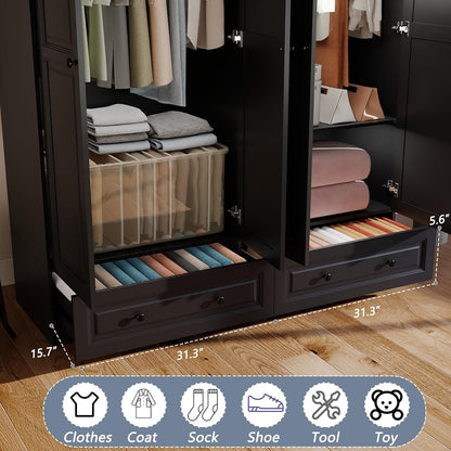 Armoire Wardrobe Closet with Drawers: 75" Black Tall Wardrobe with 4 Doors