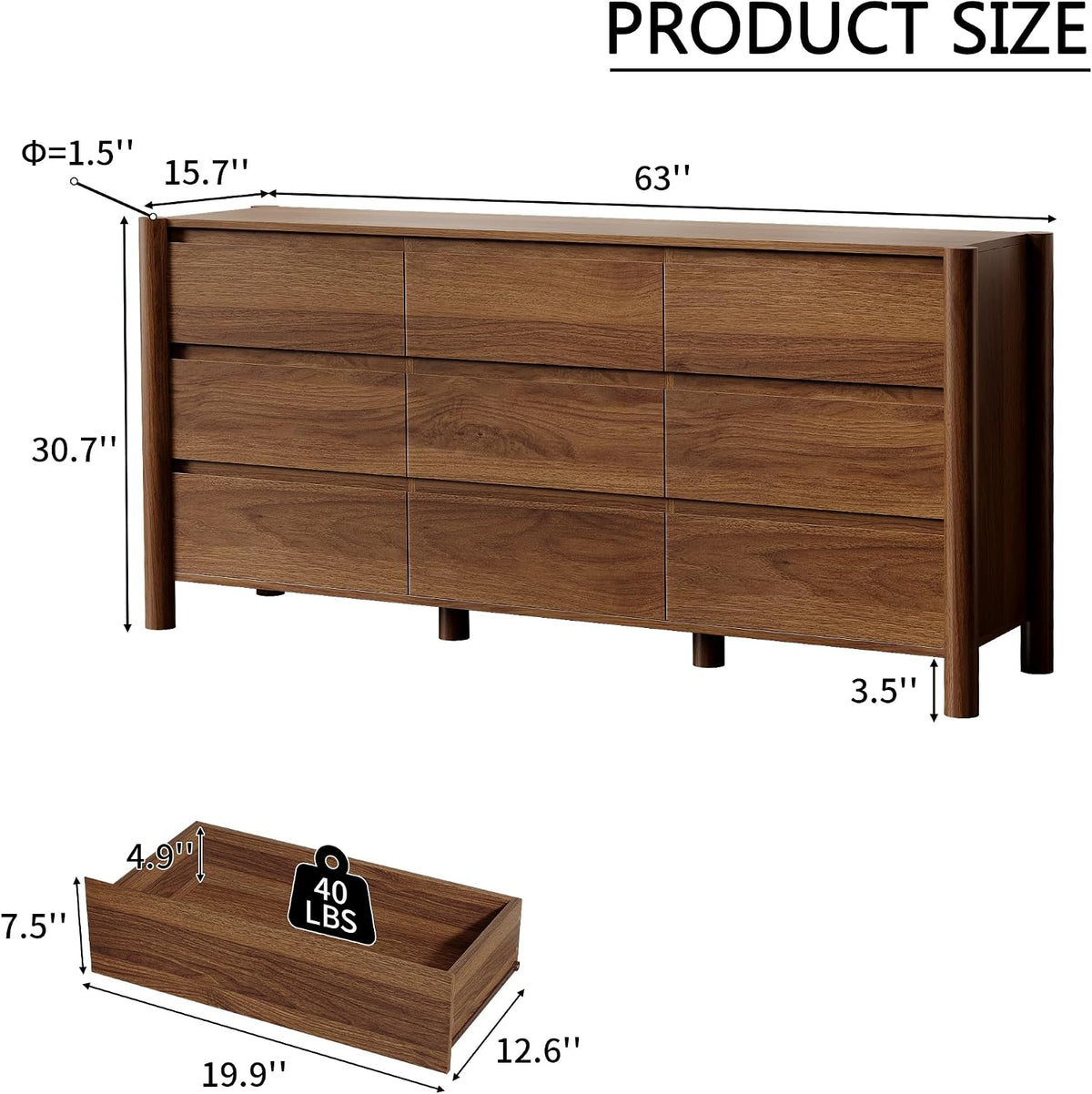 HOUROM Walnut Dresser for Bedroom,63"Wide 9 Drawer Mid Century Modern Chest