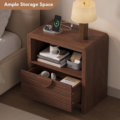 23" Wide Fluted Nightstands Set of 2 with Charging Station, Wood Bedside Tables with Drawer and Open Compartment, Mid Century End Tables for Bedroom, Home Office, Walnut