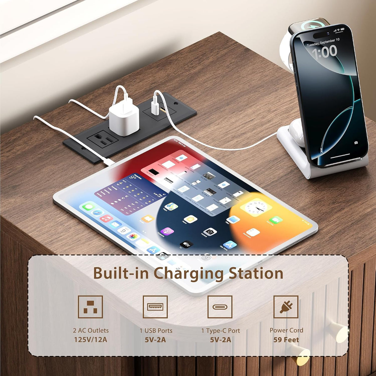 Decofy Fluted Nightstand Set of 2, Charging Station & Sliding Doors, Walnut