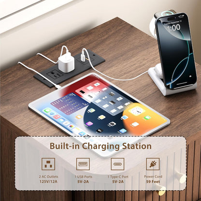 Decofy Fluted Nightstand Set of 2, Charging Station & Sliding Doors, Walnut