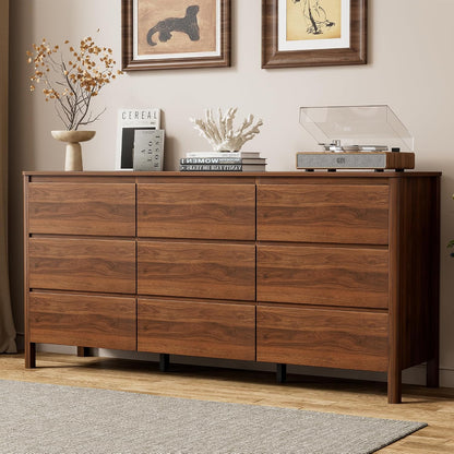 Furniway 63" Wide 9 Drawer Wood Dresser for Bedroom with Legs, Walnut