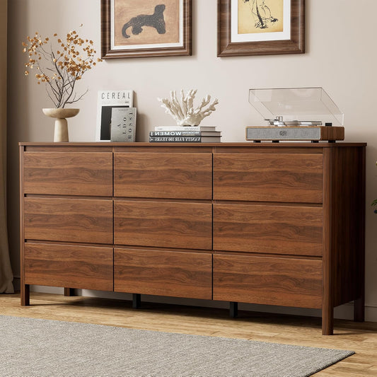 Furniway 63" Wide 9 Drawer Wood Dresser for Bedroom with Legs, Walnut