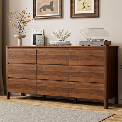 Furniway 63" Wide 9 Drawer Wood Dresser for Bedroom with Legs, Walnut